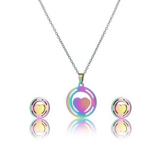 AKO076 Komplet naszyjnik i kolczyki stal chirurgiczna SERCE W KÓŁKU