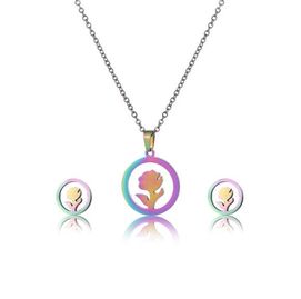 AKO082 Komplet naszyjnik i kolczyki stal chirurgiczna KWIATEK W KÓŁKU