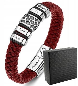 TB042a Męska bransoletka skórzana z grawerem IMIONA RODZINY