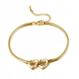LB039a Bransoletka ŻMIJKA z dwoma SERCAMI ze stali CHIRURGICZNEJ z grawerem złota