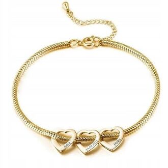 LB039c Bransoletka ŻMIJKA z trzema SERCAMI ze stali CHIRURGICZNEJ z grawerem złota