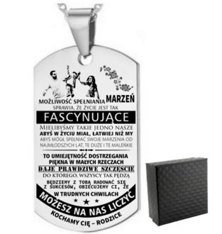 TN040a Naszyjnik nieśmiertelnik ze stali chirurgicznej dla SYNA z grawerem 