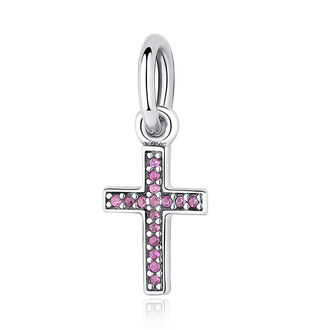 BZ031 Zawieszka Charms KRZYŻ cyrkoniowe RÓŻOWE zdobienia  srebro pr. 925