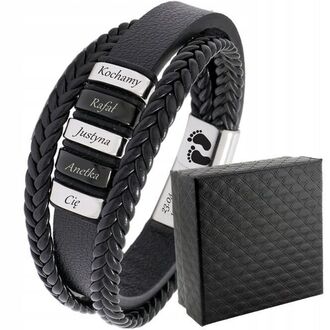 TB070a ELEGANCKA męska bransoletka skórzana z grawer stal 316L personalizowana