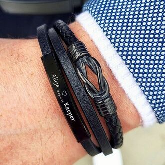 TB143 Bransoletka WĘZEŁ elegancka CZARNA skórzana z grawerem 