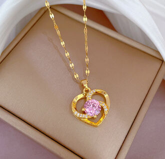 AN355a Naszyjnik ze stali chirurgicznej SERCE cyrkonie różowe 
