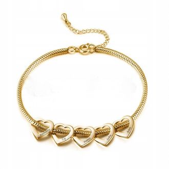 LB039g Bransoletka ŻMIJKA z pięcioma SERCAMI ze stali CHIRURGICZNEJ z grawerem złota