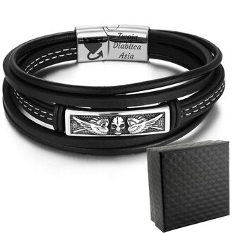 TB159 Bransoletka skórzana NORDYCKA czaszka ze skrzydłami z grawerem 