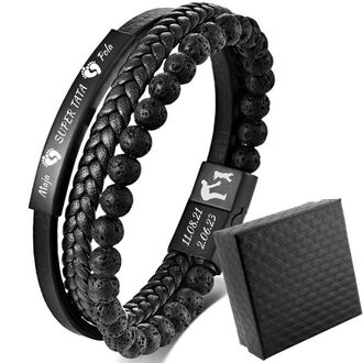 TB204 Bransoletka ELEGANCKA skórzana KORALIKI LAWA z grawerem 