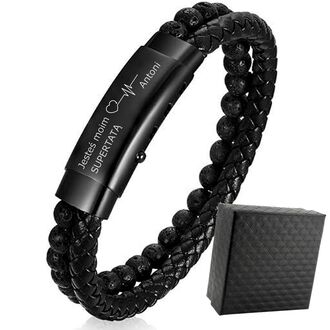 TB225a ELEGANCKA bransoletka skórzana LAWA WULKANICZNA z grawerem regulowana