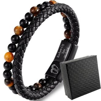 TB241a Bransoletka męska kamienie ONYKS i TYGRYSIE OKO z grawerem prezent