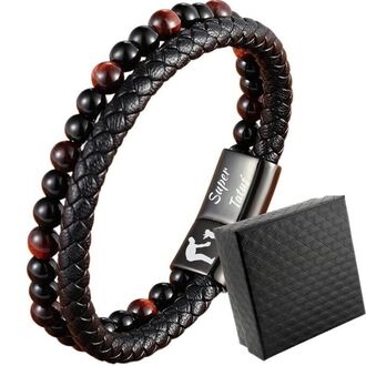 TB241c Bransoletka męska kamienie CIEMNE TYGRYSIE OKO i ONYKS z grawerem prezent